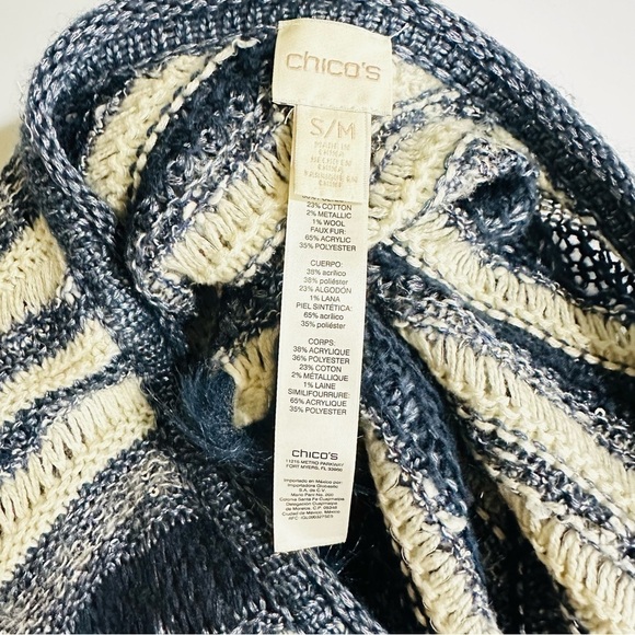 Chico’s Women’s Sz S/M Cream, Blue & Metallic Stripes Pullover Sweater Poncho - Picture 5 of 7